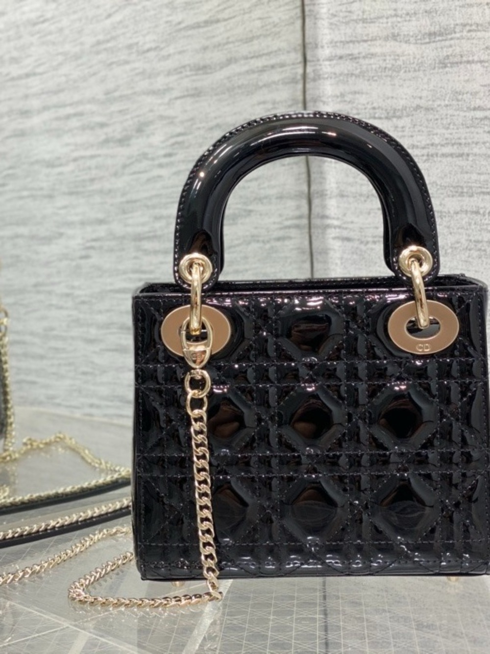 Dior Black Patent Lady Dior Mini Top-Handle with Gold Hardware